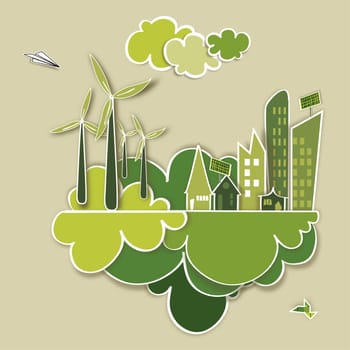 Ecology town, industry sustainable development with environmental conservation background illustration. Vector file layered for easy manipulation and custom coloring.