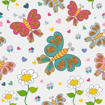Spring time seamless pattern with flower and butterfly background. Vector illustration layered for easy manipulation and custom coloring.