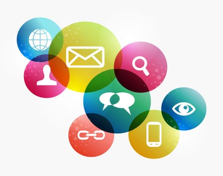 Social media icons set in colorful circle layout. EPS10 file version. This illustration contains transparencies and is layered for easy manipulation and custom coloring.