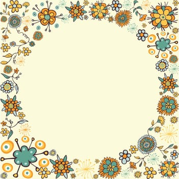 Color hand draw flower composition, empty space circle background. Vector illustration layered for easy manipulation and custom coloring.
