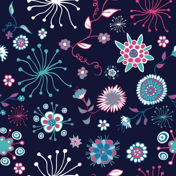 Color abstract nature seamless pattern with floral on navy background. Vector illustration layered for easy manipulation and custom coloring.