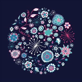 Hand draw vintage flower composition in circle shape background. Vector illustration layered for easy manipulation and custom coloring.
