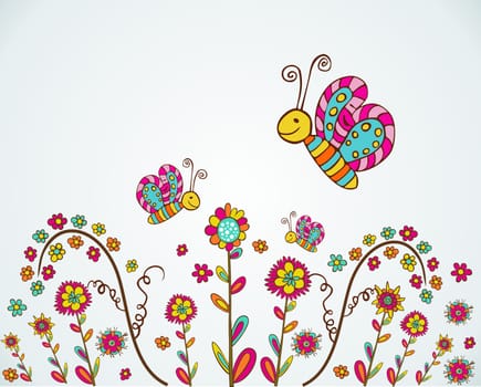 Colorful spring flower and butterfly hand draw background. Vector illustration layered for easy manipulation and custom coloring.