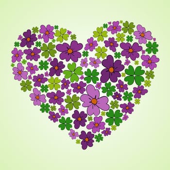 Spring flowers in heart shape composition background. Vector illustration layered for easy manipulation and custom coloring.