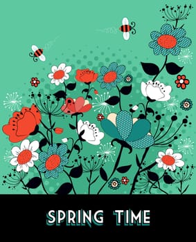 Vintage composition, flower and bee illustration background. Vector illustration layered for easy manipulation and custom coloring.