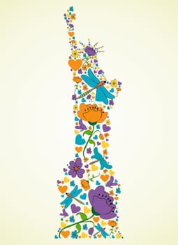 Spring flower and butterfly icons texture in New York Liberty statue skyline silhouette shape composition background. Vector illustration layered for easy manipulation and custom coloring.