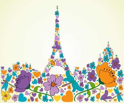 Spring flower and butterfly icons texture in Paris skyline silhouette shape composition background. Vector illustration layered for easy manipulation and custom coloring.