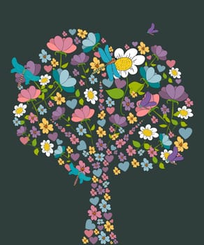Colorful flower and dragonfly spring tree shape. Vector illustration layered for easy manipulation and custom coloring.