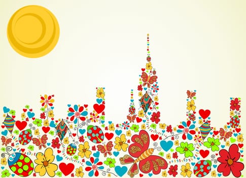 Spring flower and butterfly icons texture in New York city skyline silhouette shape composition background. Vector illustration layered for easy manipulation and custom coloring.