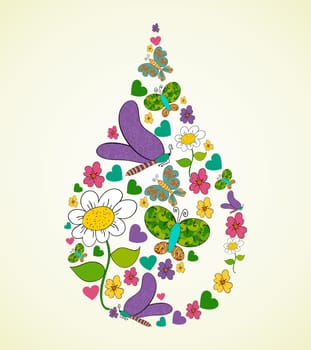 Colorful Spring flowers raindrop shape. Vector illustration layered for easy manipulation and custom coloring.