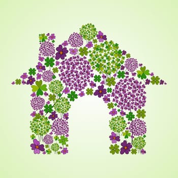 Colorful spring flower icons texture in green house icon shape composition background. Vector illustration layered for easy manipulation and custom coloring.