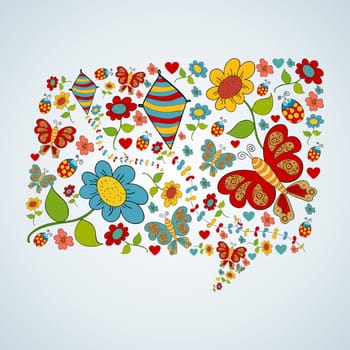 Spring flower and butterfly icons texture in social media bubble speech shape composition background. Vector illustration layered for easy manipulation and custom coloring.