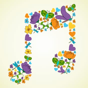 Colorful spring icons texture in music note shape composition background. Vector illustration layered for easy manipulation and custom coloring.
