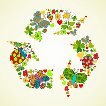 Spring flower and butterfly icons texture in recycle icon shape composition background. Vector illustration layered for easy manipulation and custom coloring.