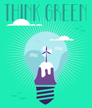 Think green text. Lamp and green world on green background. Vector file layered for easy manipulation and custom coloring.