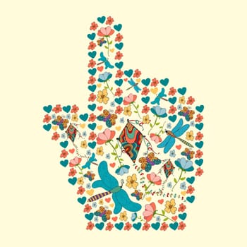 Spring flower and butterfly icons texture in social media hand cursor shape composition background. Vector illustration layered for easy manipulation and custom coloring.
