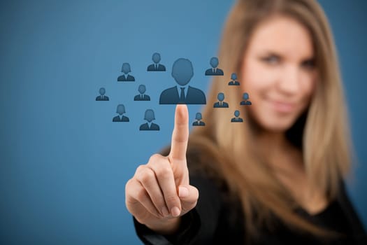 Human resources, CRM and social networking concept - female officer choose person (employee) represented by icon.