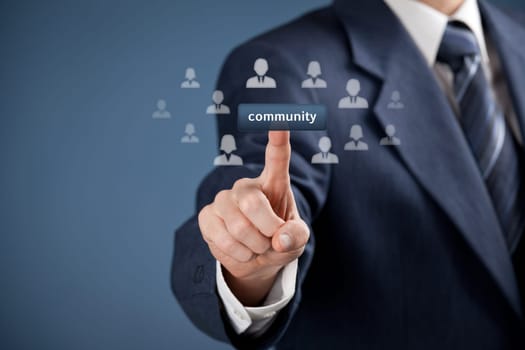 Community concept. Man Click on community button, people in community represented by icons.