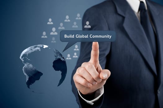 Build global community concept. Planet Earth, people represented by icons and man click on Build Global Community button. Business social networking.