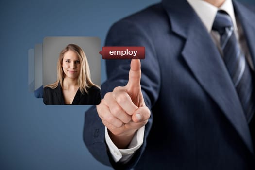 Human resources officer realize gender equality by choosing woman employee. Gender equality quotes concept.