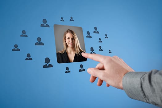 Human resources, CRM, professional social networking and data mining concept. Woman stand out of the anonymous crowd. Gender equality quotes concept.