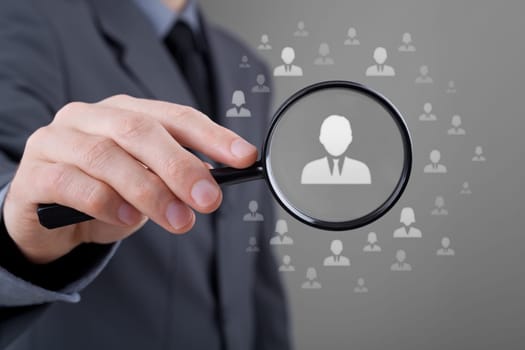 Human resources, CRM, data mining and social media concept - officer looking for employee represented by icon. Gender discrimination in employees selection.