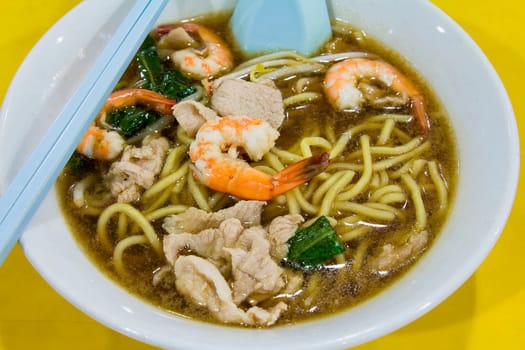 Hokkien Prawn Mee Soup Noodles with Pork and Vegetables Closeup