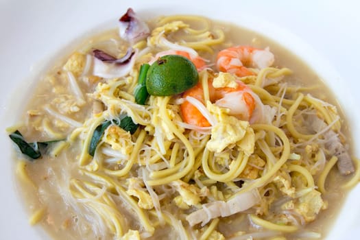 Hokkien Stir Fry Yellow Noodles and Rice Noodles with Prawns Squids Eggs and Pork Closeup