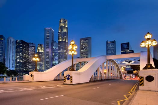 Singapore Central Business District (CBD) City Skyline by Elgin Bridge at Blue Hour