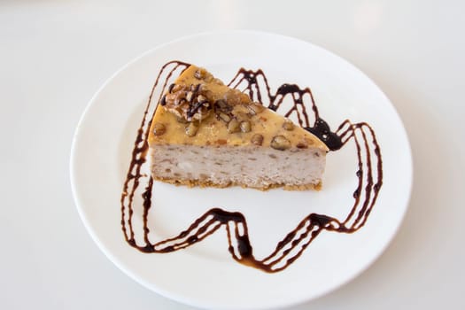 Walnut Cheesecake Slice with Dark Chocolate Drizzle on White Plate