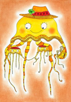 Jellyfish family, child's drawing, watercolor painting on paper