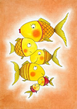 Group of gold fish, child's drawing, watercolor painting on paper