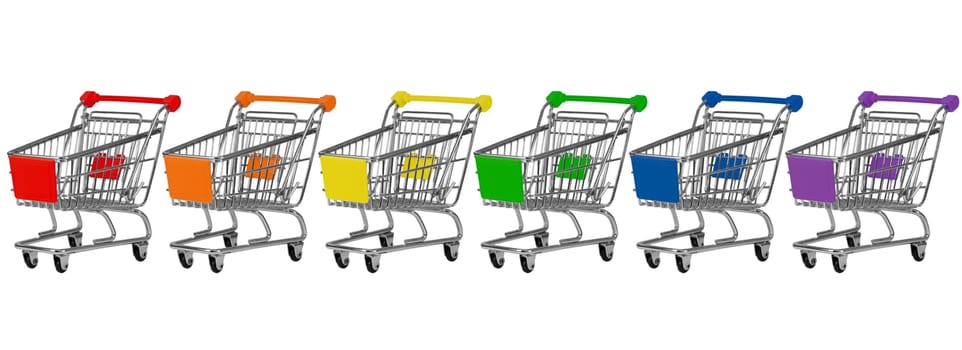 Six shopping carts in rainbow colors in a row