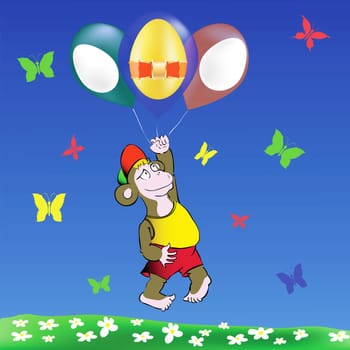 colorful illustration with  monkey and easter eggs balloons  for your design
