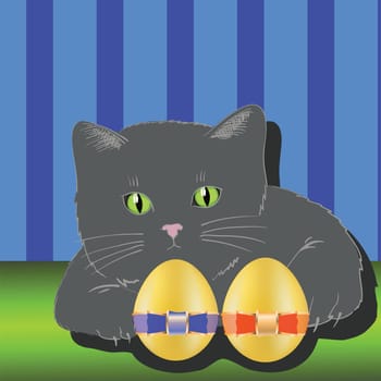 colorful illustration with  cat and two easter eggs  for your design