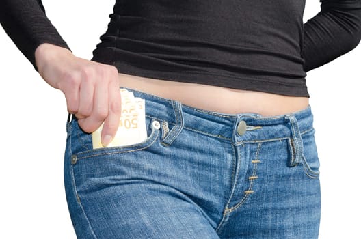 Pretty woman pulls out a bundle of euro from a side pocket isolate on white