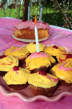 assorted cupcakes with a candle on one ready for a birthday party