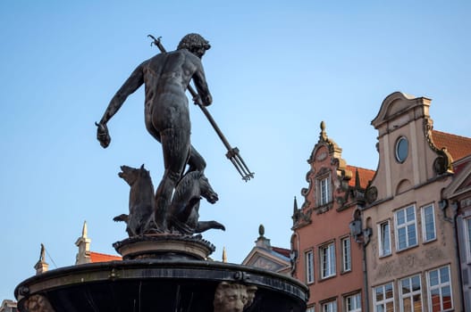 Neptune's fountain in the Old Town of Gdansk, Poland.