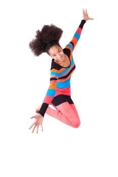 Black African American teenage girl with a afro haircut jumping of joy, isolated on white background