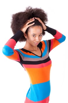 Black African American teenage girl holding her afro hair, isolated on white background