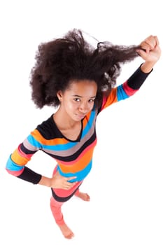Black African American teenage girl holding her afro hair, isolated on white background