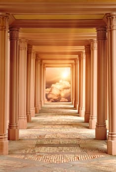 A corridor framed by columns leads to heaven