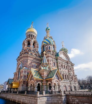 The Church of Our Savior on the Spilled Blood on sunny day with blue sky with clouds in background. Saint Petersburg, Russia.