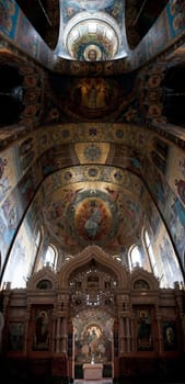 The Church of Our Savior on the Spilled Blood interior panorama of the ceiling. Saint Petersburg, Russia.