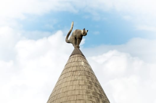 Well known Riga landmark. Rooftop of the cat house with blue cloudy sky in background (Riga, Latvia, Baltic, Europe).