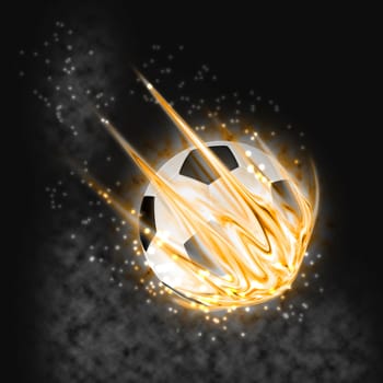flaming soccer ball on dark background with fire and flame