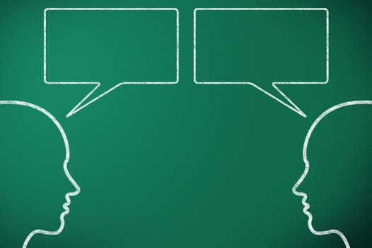 two head comunicate on green blackboard throught speech bubble