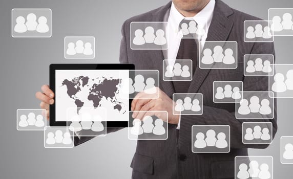 business man show social media structure on tablet, grey background