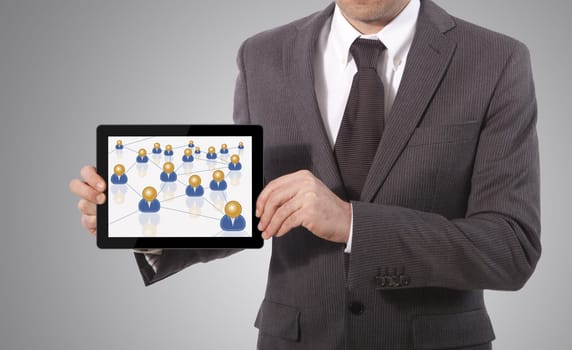 business man hand touch tablet business network
