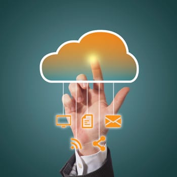 businessman finger touch cloud icon, blue background
